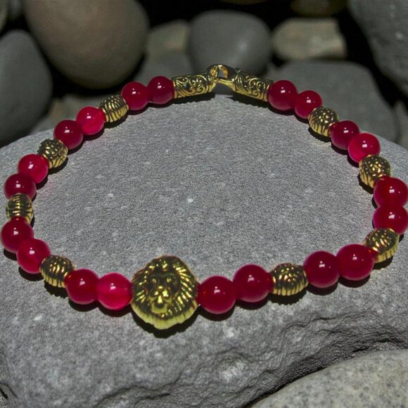 NEW Nemean Lion bracelet with dark pink agate gemstone beads. Myth jewelry. - Picture 1 of 6